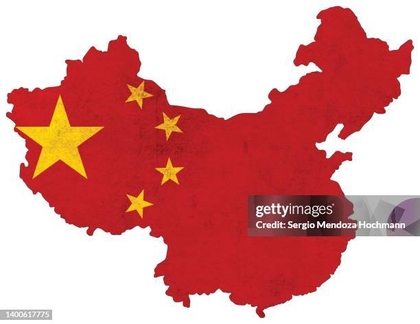 map of china with a chinese flag with a grunge texture - china stock-fotos und bilder