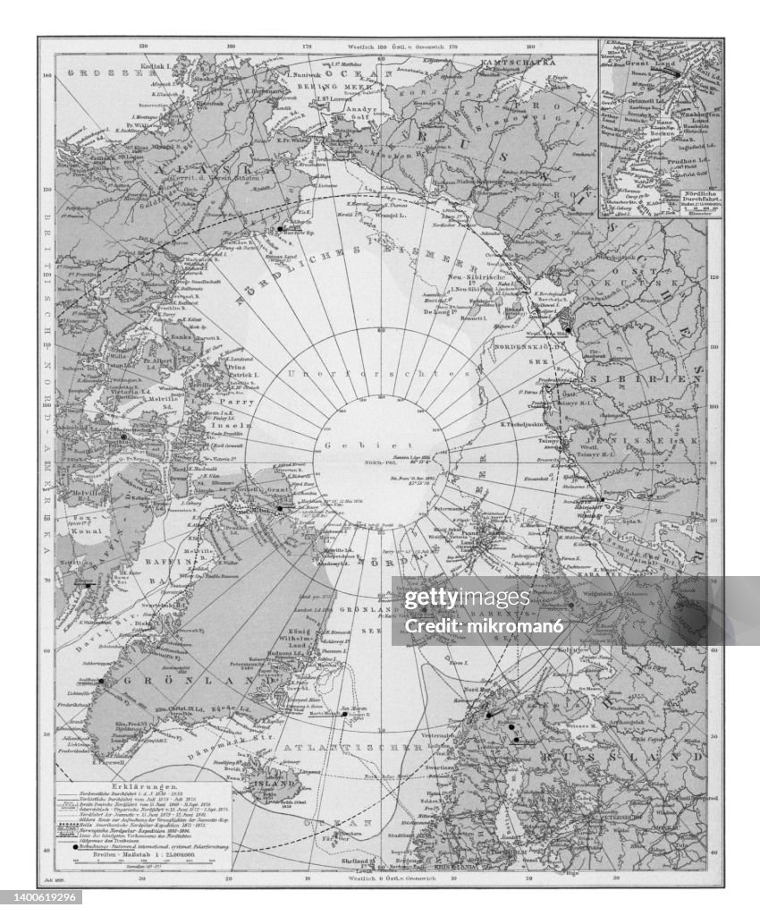 Old chromolithograph illustration of map of North Polar Regions
