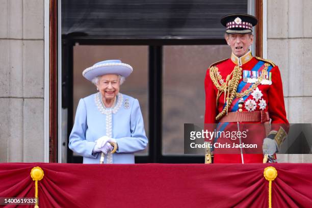 Queen Elizabeth II and Prince Edward, Duke of Kent on the balcony of Buckingham Palace during the Trooping the Colour parade on June 02, 2022 in...
