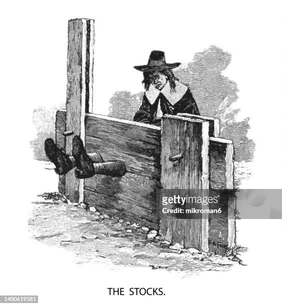 old engraved illustration of the stocks - pilori photos et images de collection
