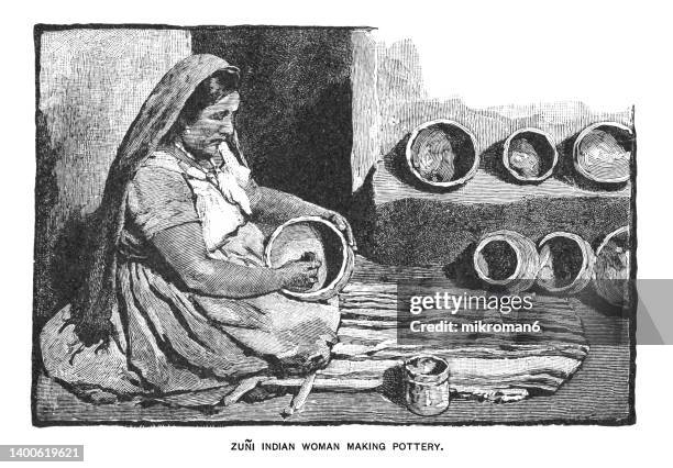old engraving illustration of zuni indian woman making pottery - anasazi stockfoto's en -beelden