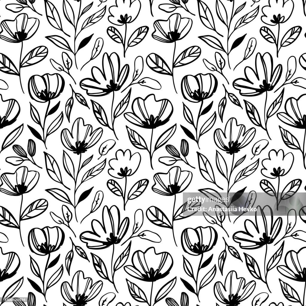 Line Stem Pattern Stems Of Abstract Line Drawing Flowers Seamless Pattern High-Res Vector ...