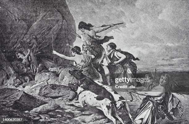 hunting amazons - ancient female warriors stock illustrations
