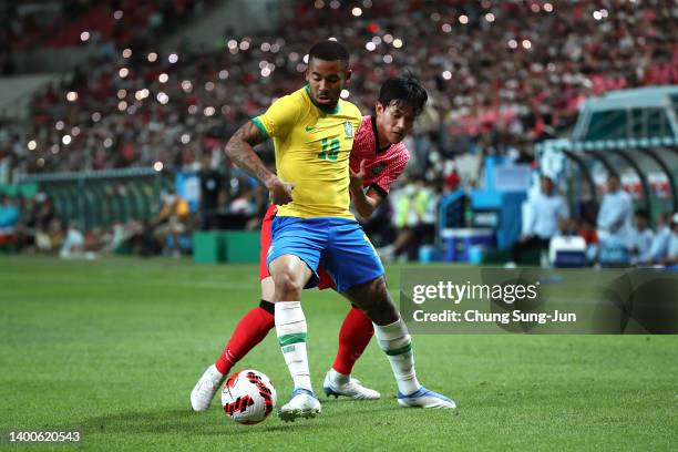 Gabriel Jesus of Brazil competes for the ball with Hong Chul of South Korea during the international friendly match between South Korea and Brazil at...