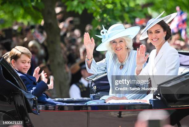 Prince George of Cambridge, Camilla, Duchess of Cornwall and Catherine, Duchess of Cambridge travel by carriage at Trooping the Colour on June 02,...