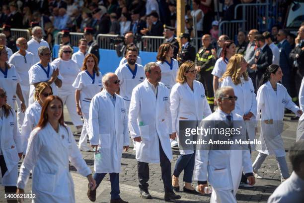 Doctors and health workers parade during the celebrations for the 76th anniversary of the proclamation of the Italian Republic , on June 2, 2022 in...