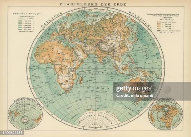 old chromolithograph illustration of map of the world - antique world map stock pictures, royalty-free photos & images