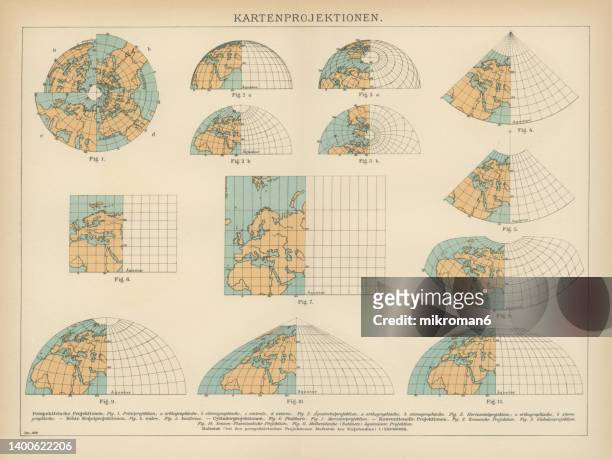 old chromolithograph illustration of map projections of world - african print stock-fotos und bilder