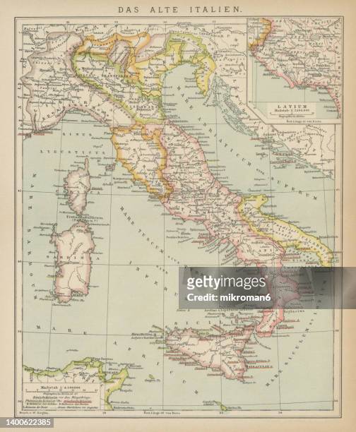 old engraved map of the old italy - map of rome italy stock pictures, royalty-free photos & images
