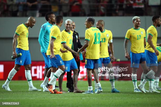 Neymar Jr. Of Brazil reacts after the international friendly match between South Korea and Brazil at Seoul World Cup Stadium on June 02, 2022 in...