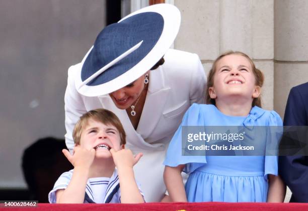 Prince Louis of Cambridge. Pulls a face as he watches the RAF flypast with Catherine, Duchess of Cambridge and Princess Charlotte of Cambridge from...