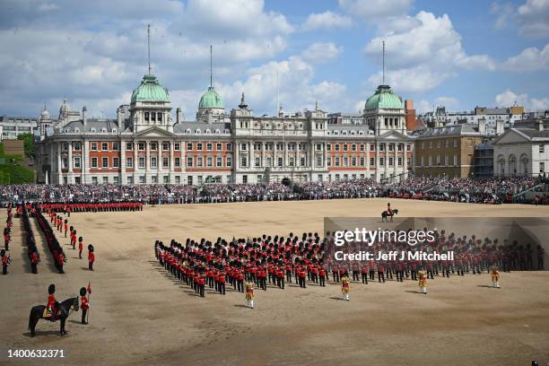 Members of the Household division take part during the Trooping the Colour parade at Horse Guards on June 02, 2022 in London, England. The Platinum...