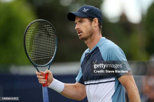 Andy Murray of Great Britain celebrates match point against Gijs Brouwer of Netherlands in their second round match at Surbiton Racket & Fitness Club...