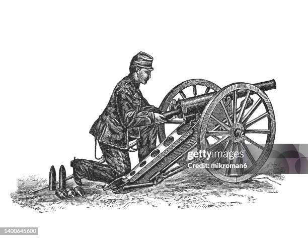 old engraved illustration of cannons - human cannon stock pictures, royalty-free photos & images