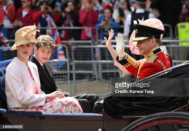 Prince Edward, Earl of Wessex, Sophie, Countess of Wessex, Lady Louise Windsor and James, Viscount Severn during Trooping the Colour on June 02, 2022...