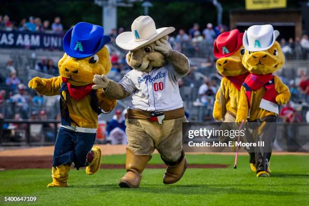Mascot RUCKUS of the Amarillo Sod Poodles races other mascots during the game against the Tulsa Drillers at HODGETOWN Stadium on May 20, 2022 in...