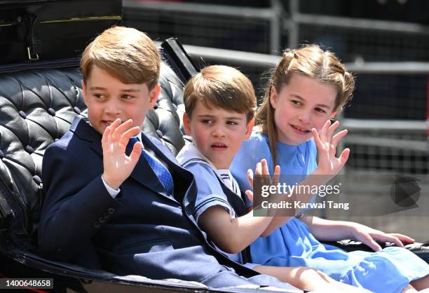 Prince George, Prince Louis and Princess Charlotte during Trooping the Colour on June 02, 2022 in London, England. The Platinum Jubilee of Elizabeth...