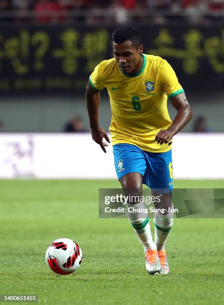 Alex Sandro of Brazil in action during the international friendly match between South Korea and Brazil at Seoul World Cup Stadium on June 02, 2022 in...