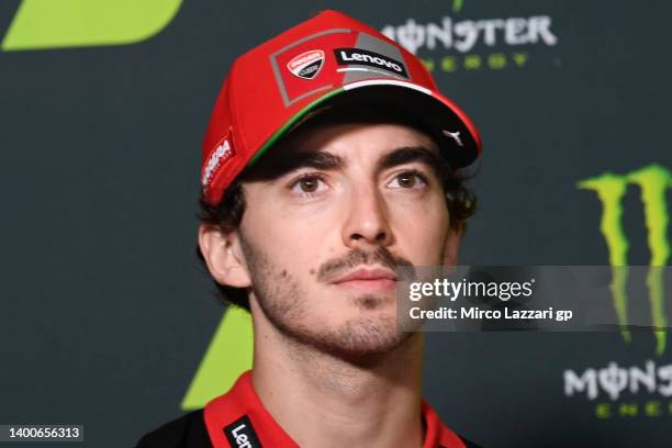 Francesco Bagnaia of Italy and Ducati Lenovo Team looks on during the press conference pre event during the MotoGP of Catalunya - Previews at Circuit...