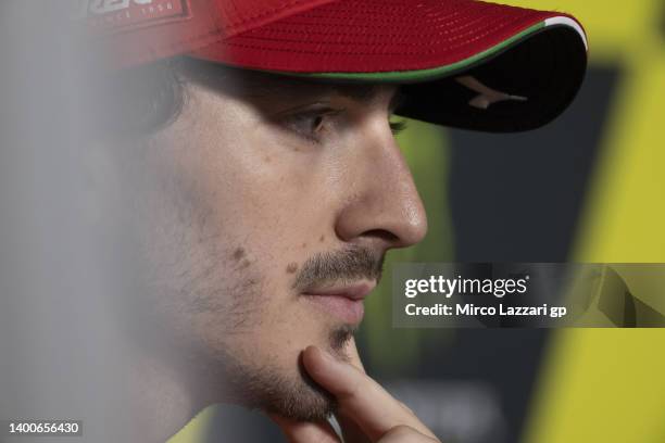 Francesco Bagnaia of Italy and Ducati Lenovo Team looks on during the press conference pre event during the MotoGP of Catalunya - Previews at Circuit...