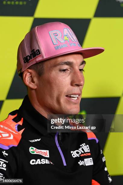 Aleix Espargaro of Spain and Aprilia Racing speaks during the press conference pre event during the MotoGP of Catalunya - Previews at Circuit de...