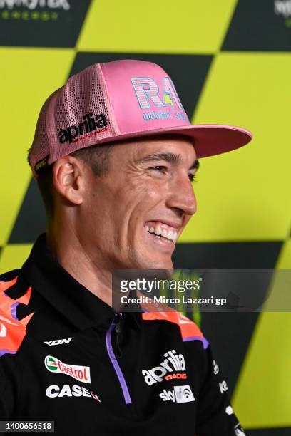 Aleix Espargaro of Spain and Aprilia Racing smiles during the press conference pre event during the MotoGP of Catalunya - Previews at Circuit de...