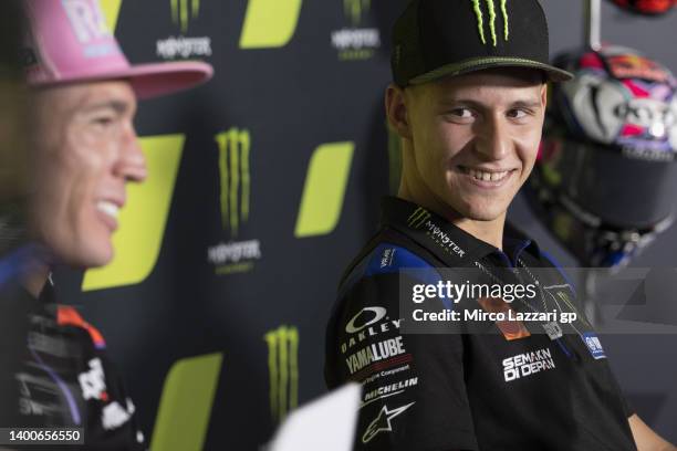 Fabio Quartararo of France and Monster Energy Yamaha MotoGP Team looks on during the press conference pre event during the MotoGP of Catalunya -...