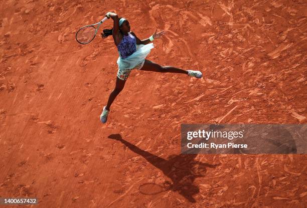 Coco Gauff of United States plays a forehand against Martina Trevisan of Italy during the Women's Singles Semi Final on day 12 at Roland Garros on...