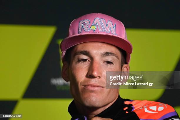 Aleix Espargaro of Spain and Aprilia Racing looks on during the press conference pre event during the MotoGP of Catalunya - Previews at Circuit de...