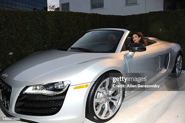 Actress Crystal Mantecon arrives at Audi Arrivals at 20th annual Elton John AIDS Foundation Academy Awards viewing party on February 26, 2012 in...