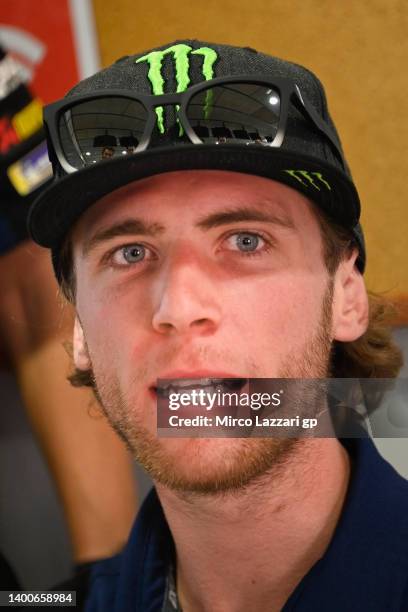 Darryn Binder of South Africa and WithU Yamaha RNF MotoGP Team speaks in media center with journalists during the media scrums during the MotoGP of...