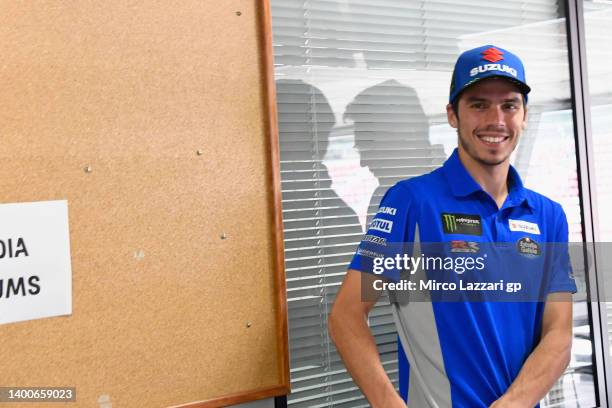 Joan Mir of Spain and Team Suzuki ECSTAR smiles in media center with journalists during the media scrums during the MotoGP of Catalunya - Previews at...