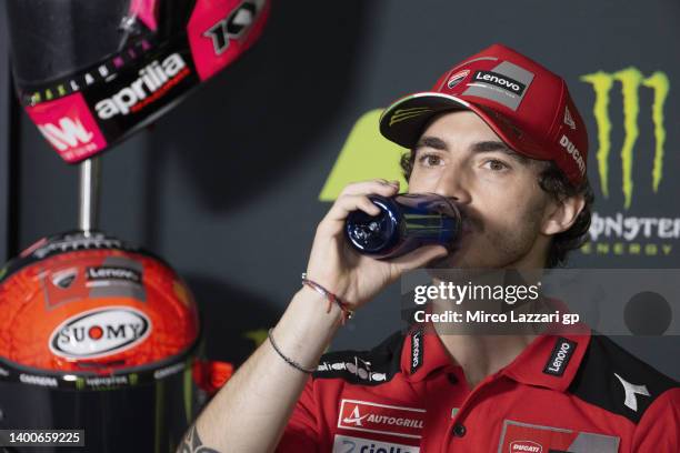 Francesco Bagnaia of Italy and Ducati Lenovo Team drinks during the press conference pre event during the MotoGP of Catalunya - Previews at Circuit...