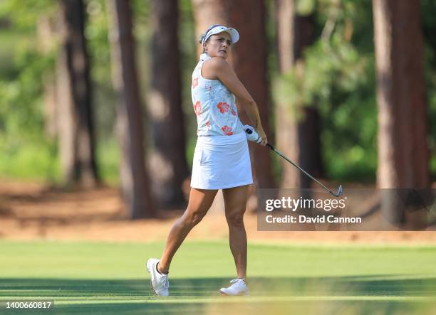 Lexi Thompson of The United States plays her third shot on the 10th hole during the first round of the 2022 U.S.Women's Open at Pine Needles Lodge...