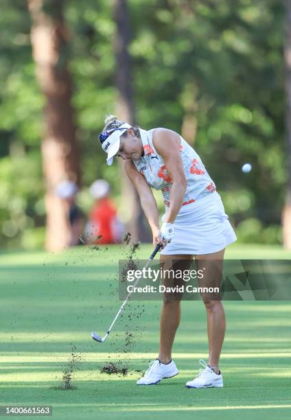 Lexi Thompson of The United States plays her second shot on the 10th hole during the first round of the 2022 U.S.Women's Open at Pine Needles Lodge...