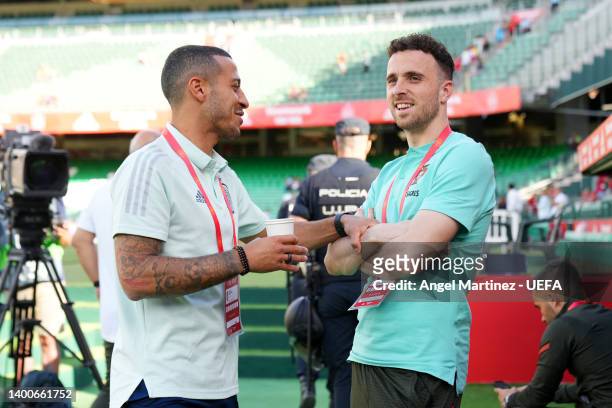 Thiago Alcantara of Spain and Diogo Jota of Portugal interact when inspecting the pitch prior to the UEFA Nations League League A Group 2 match...
