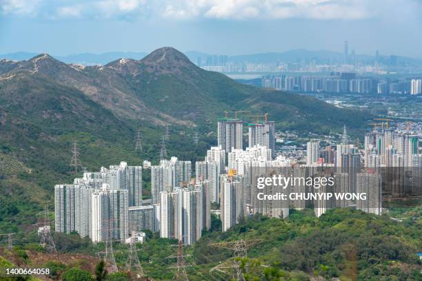 landscape of tuen mun district. viewed from castle peak in hong kong city - novos territórios imagens e fotografias de stock