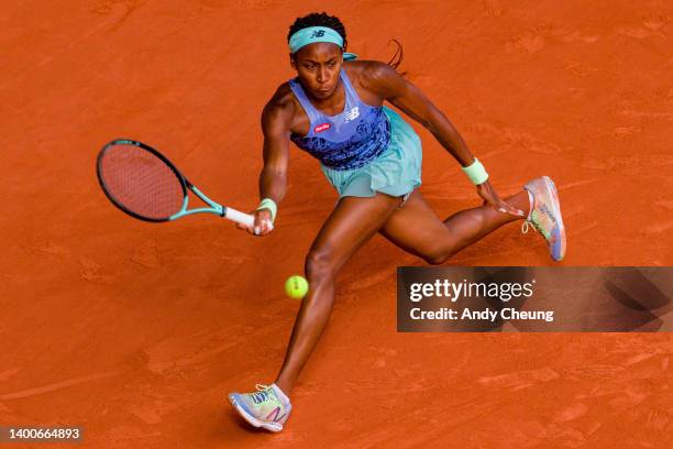 Coco Gauff of United States plays a forehand against Martina Trevisan of Italy during the Women's Singles Semi Final on day 12 at Roland Garros on...