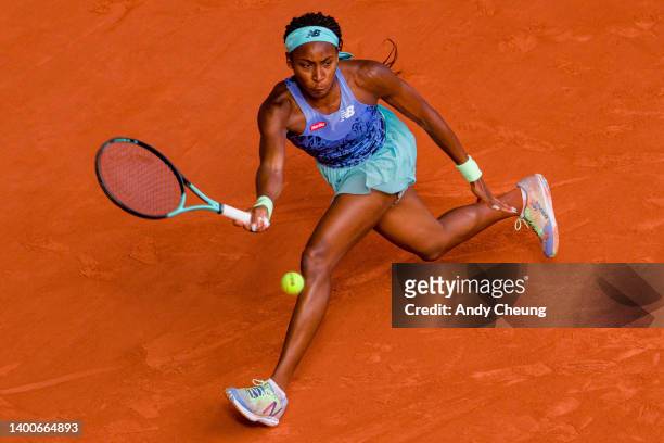 Coco Gauff of United States plays a forehand against Martina Trevisan of Italy during the Women's Singles Semi Final on day 12 at Roland Garros on...