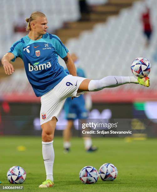 Erling Haaland of Norway warms up prior to the UEFA Nations League League B Group 4 match between Serbia and Norway at Stadion Rajko Mitić on June...