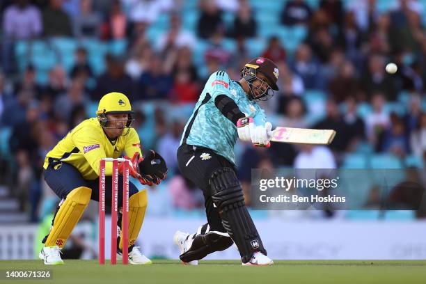 Sunil Narine of Surrey in action during the Vitality T20 Blast match between Surrey and Hampshire Hawks at The Kia Oval on June 02, 2022 in London,...