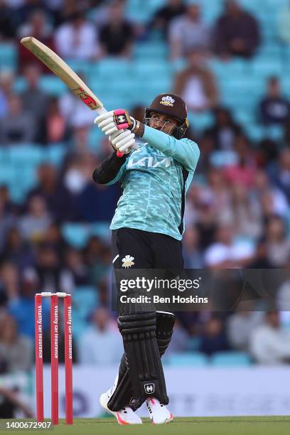 Sunil Narine of Surrey in action during the Vitality T20 Blast match between Surrey and Hampshire Hawks at The Kia Oval on June 02, 2022 in London,...