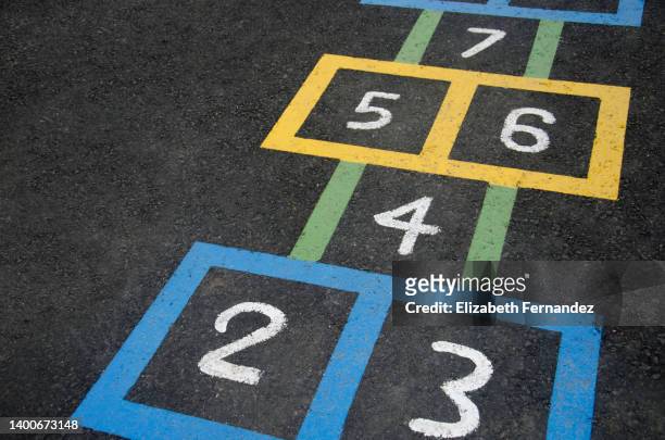 high angle view of colorful hopscotch drawn on street - number 7 stockfoto's en -beelden