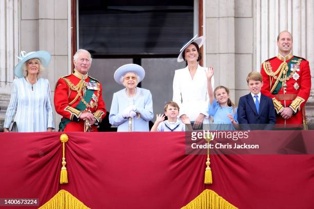 Queen Elizabeth II smiles on the balcony of Buckingham Palace during Trooping the Colour alongside Camilla, Duchess of Cornwall, Prince Charles,...
