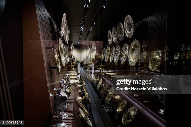 Royal silverware on display at the Royal Treasure Museum in Ajuda National Palace on June 02, 2022 in Lisbon, Portugal. The Museu do Tesouro Real is...