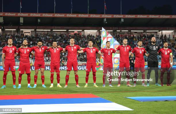 Players of Serbia stand for the national anthem prior to the UEFA Nations League League B Group 4 match between Serbia and Norway at Stadion Rajko...