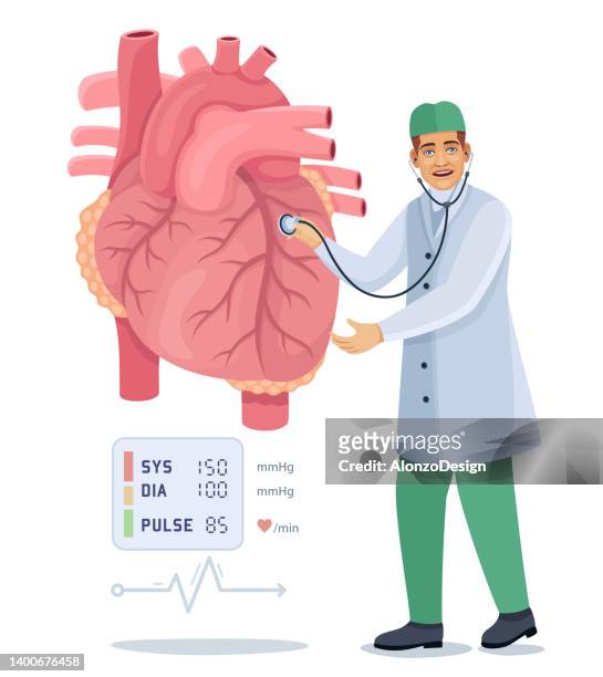 doctor listen to the heart. cardiologists examining human heart. - system failure stock illustrations