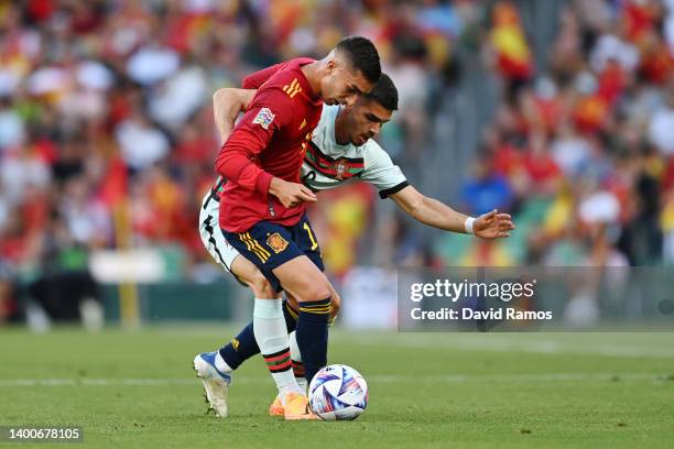 Ferran Torres of Spain battles for possession with Andre Silva of Portugal during the UEFA Nations League League A Group 2 match between Spain and...