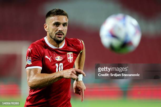 Dusan Tadic of Serbia in action during the UEFA Nations League League B Group 4 match between Serbia and Norway at Stadion Rajko Mitić on June 02,...