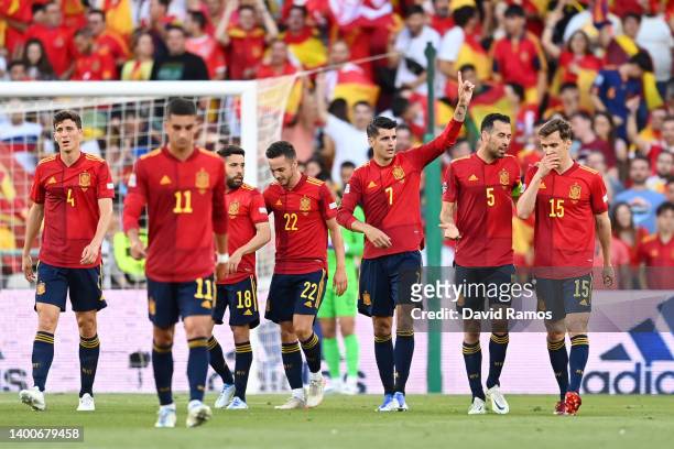 Alvaro Morata of Spain celebrates with teammates after scoring their team's first goal during the UEFA Nations League League A Group 2 match between...